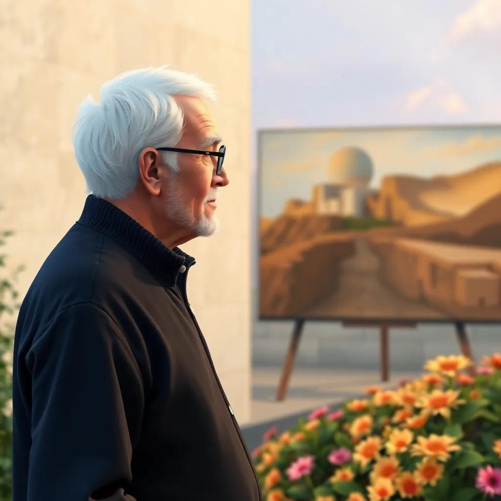 An elderly man, with white hair and glasses, observing Yasin painting with admiration, standing next to a flowerbed, digital art, warm colors, gentle atmosphere, inviting perspective, high quality