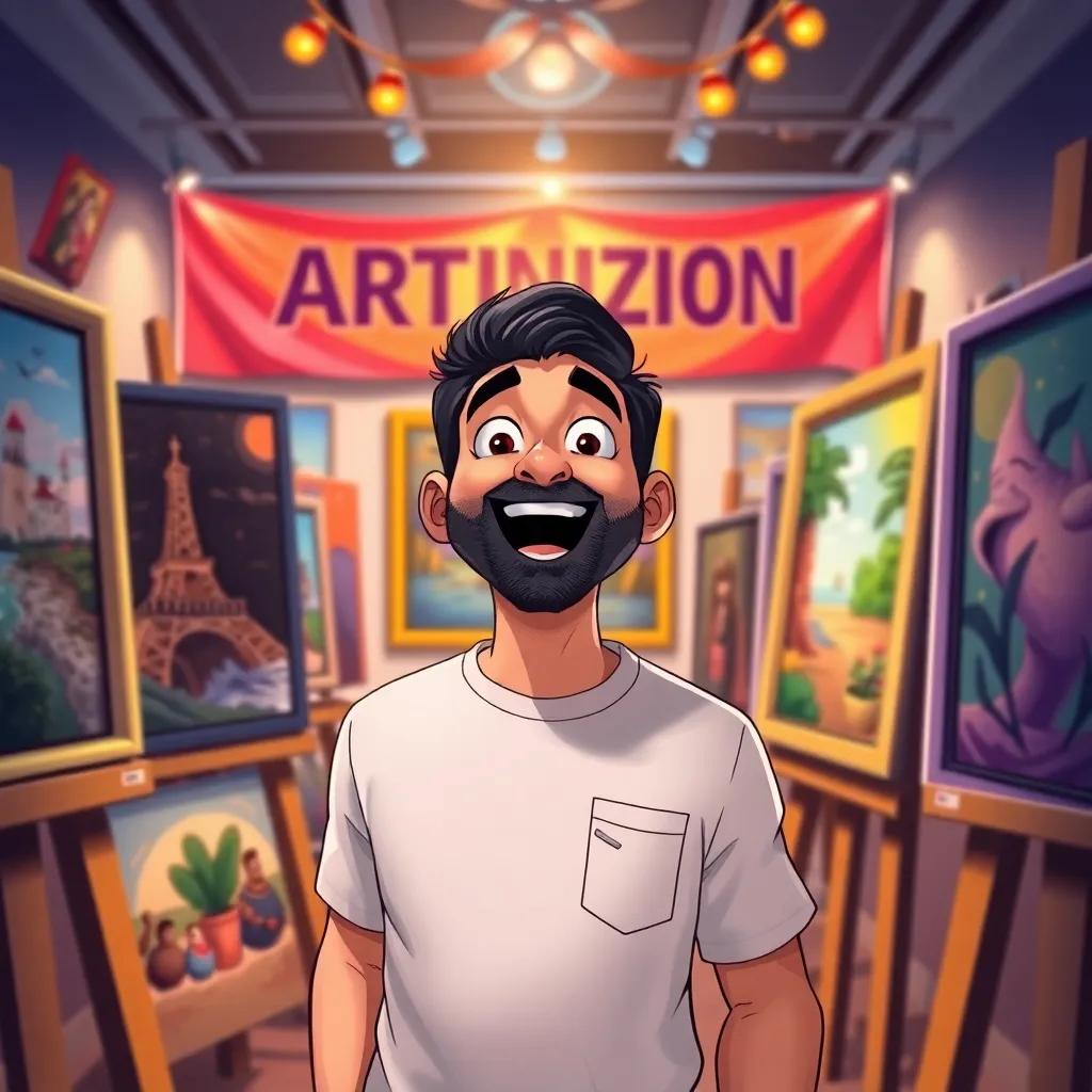 Yasin, excited, preparing for an art exhibition, surrounded by his beautiful paintings, with a colorful banner in the background, detailed illustration, festive lighting, joyful colors, encouraging perspective, high quality