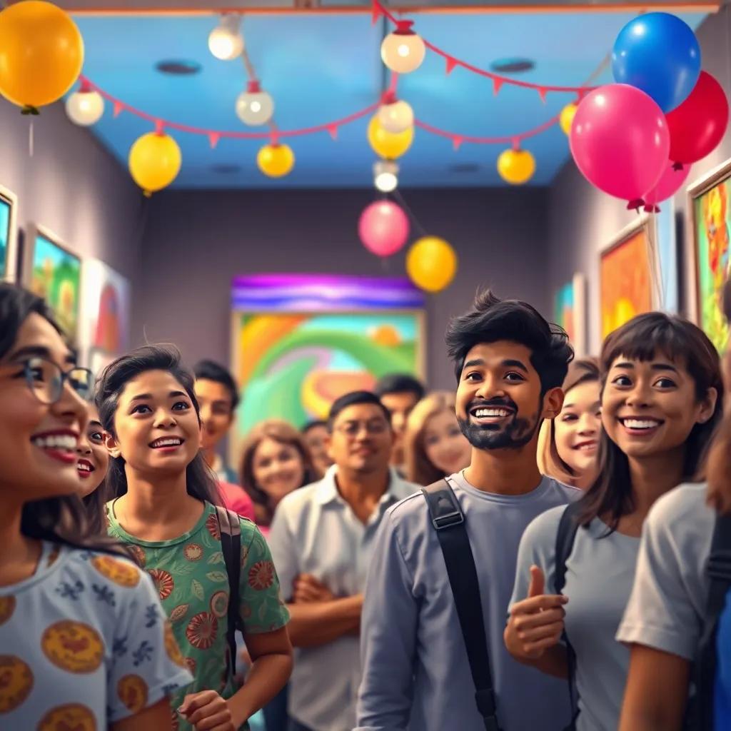 A joyful crowd at Yasin's art exhibition, admiring his colorful paintings, smiles on their faces, with decorations and balloons, vibrant atmosphere, bright colors, uplifting perspective, high quality