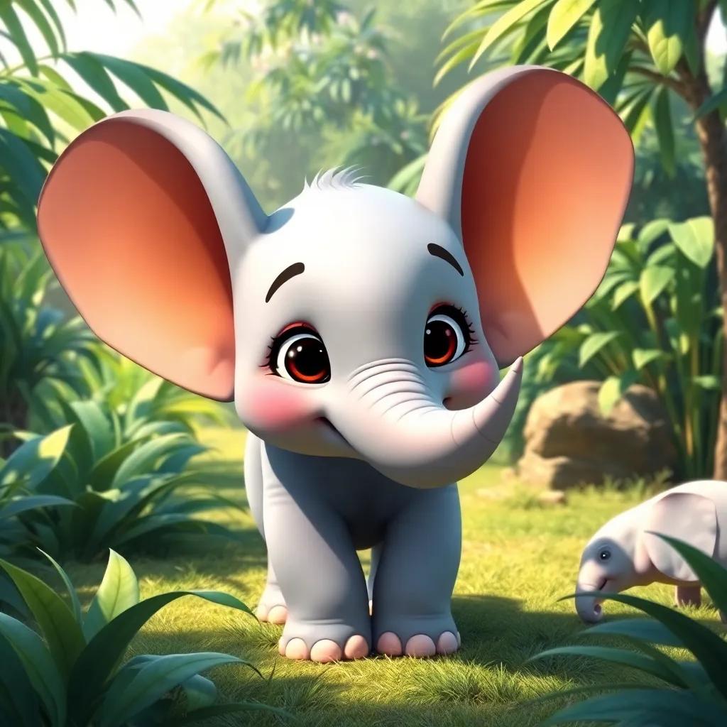 A cute baby elephant named Rami, with big ears and a friendly smile, exploring a sunny green jungle, digital art, vibrant colors, cheerful atmosphere, high quality