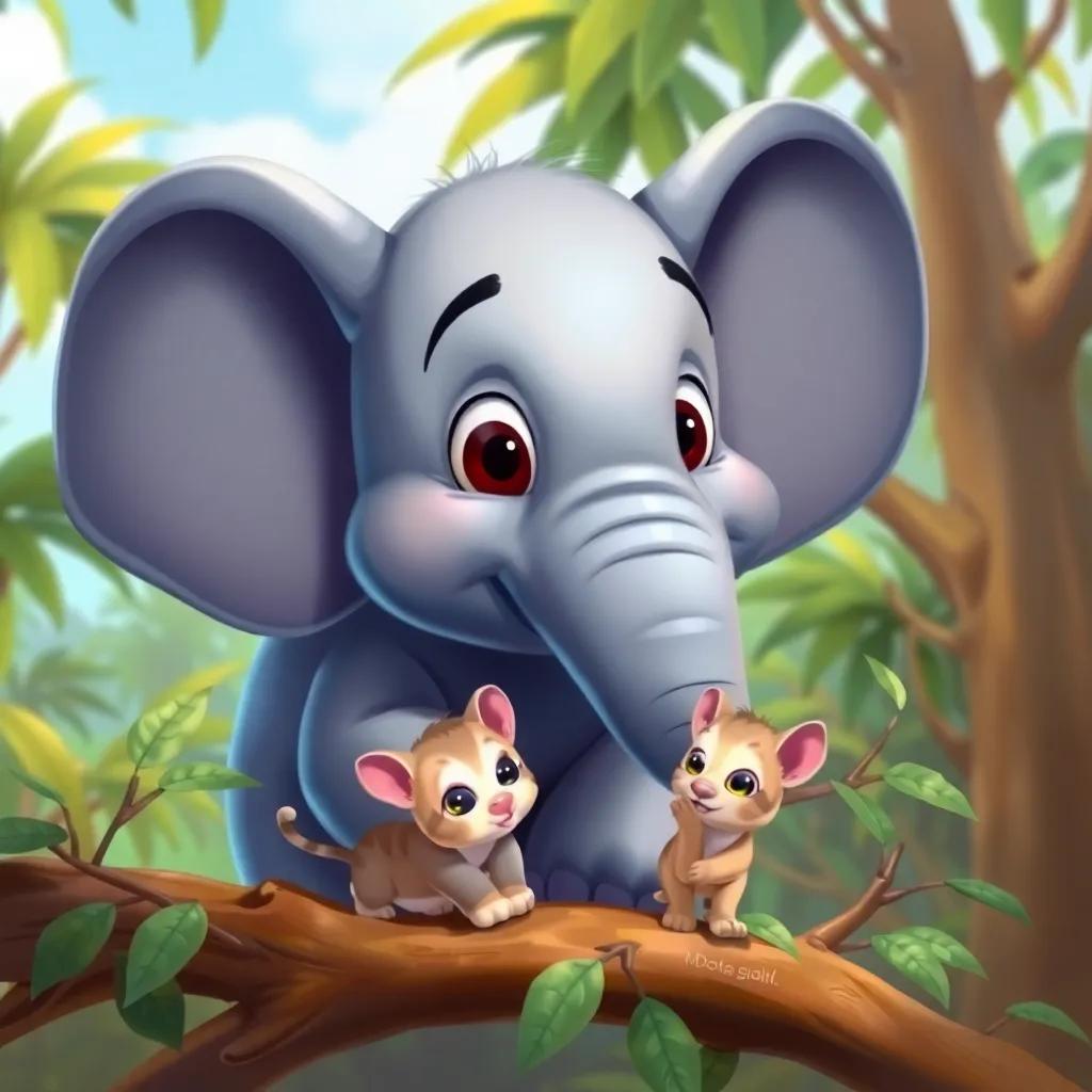 Rami the elephant, with big ears and a curious expression, helping a small trapped kitten out of branches, colorful jungle background, cheerful, friendly scene, digital painting, child-friendly