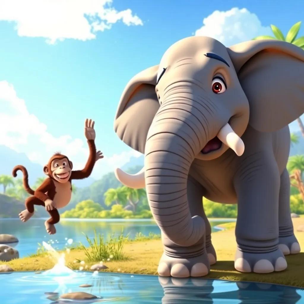 Rami the elephant, looking brave and determined, playing near a beautiful lake, a large playful monkey chasing him, lively environment, bright blue sky, fun and adventurous vibe, digital illustration