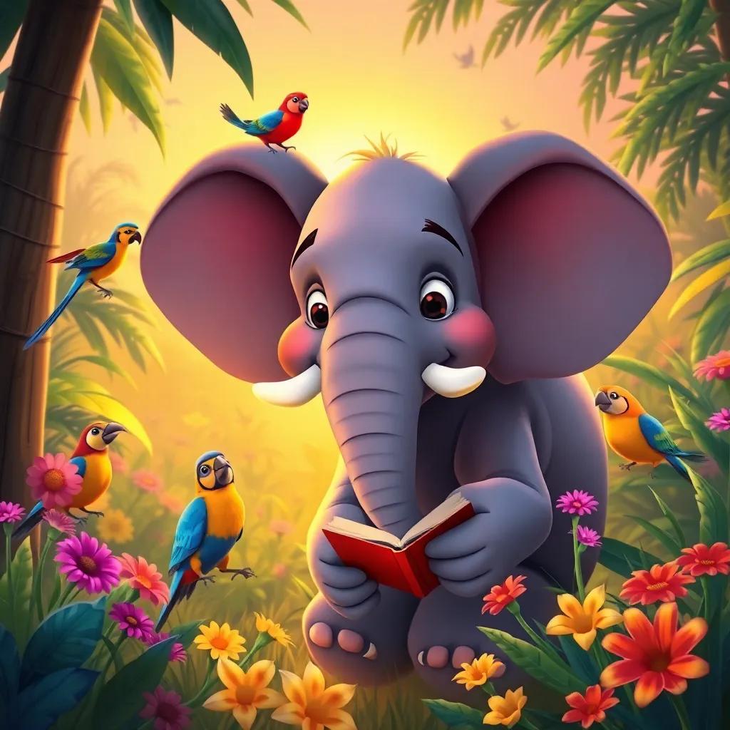 Rami the elephant, back at home in the jungle, sharing stories with his colorful bird friends and flowers around, warm sunset light, joyous atmosphere, high quality artwork