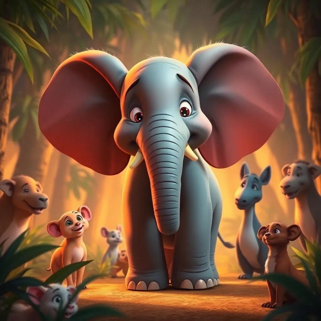 Rami the elephant, feeling proud, standing in the jungle surrounded by friends, learning about friendship and bravery, warm colors, uplifting scene, inspiring digital painting