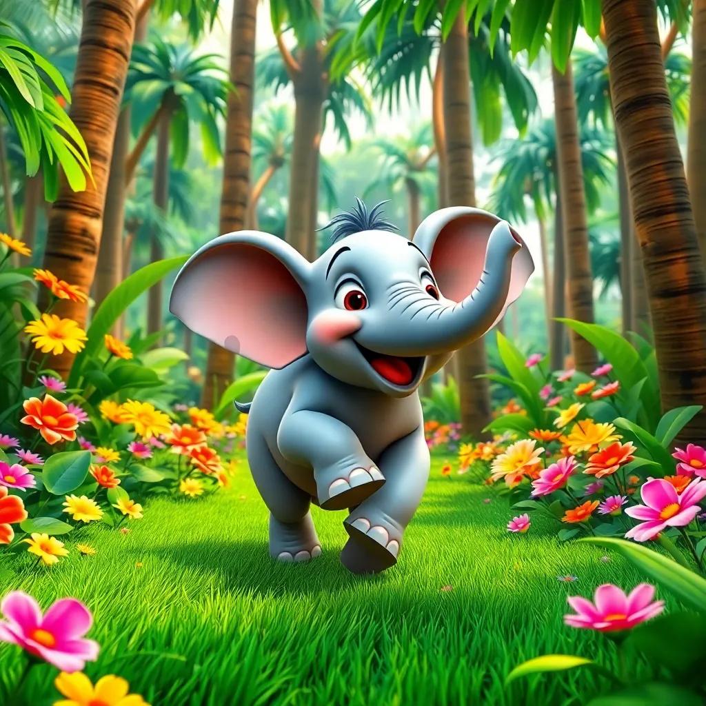 A small elephant named Nuno, joyfully bouncing and walking in a vibrant green jungle, surrounded by colorful flowers and tall trees, cheerful atmosphere, digital art, bright colors, playful perspective, high quality