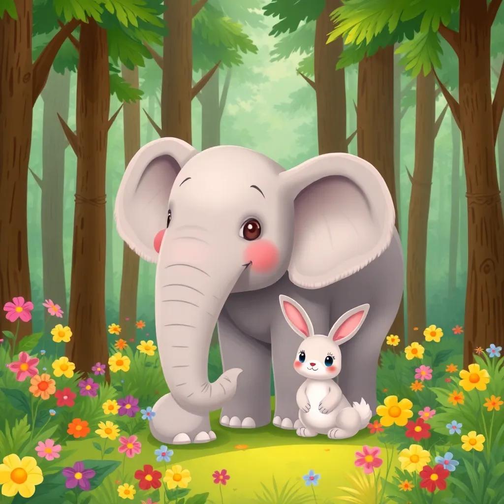 A big elephant and a small bunny in a beautiful green forest, colorful flowers and tall trees surrounding them, cheerful atmosphere, digital art, bright colors, high quality, inviting