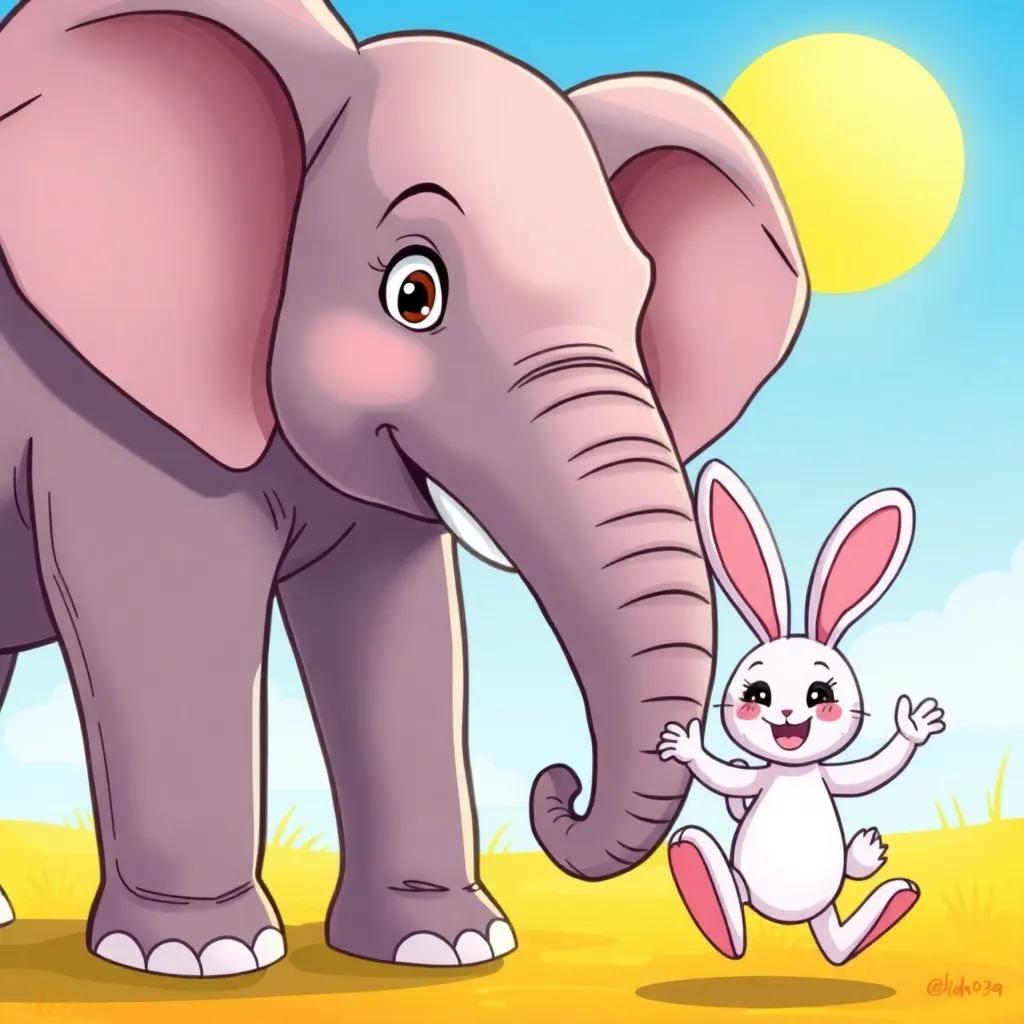 A close-up of the elephant standing proudly while the bunny hops playfully around, joyful expressions on their faces, sunny day with blue skies, illustration, vibrant colors, cheerful style, high quality