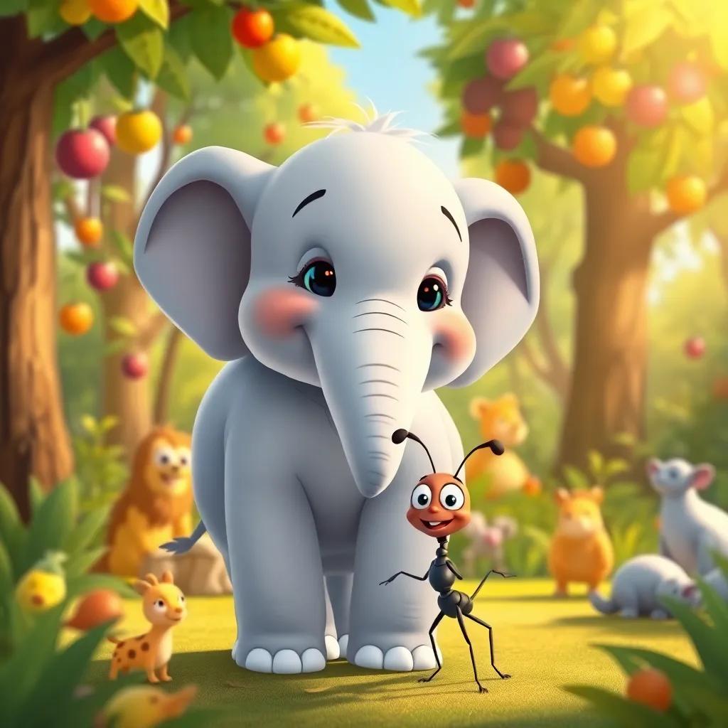 A happy elephant, smiling softly, standing beside a small ant, Noura, with tiny legs, in a sunny forest, animals gathered around them, colorful fruits hanging in the trees, illustration, bright and colorful, playful mood, child-friendly