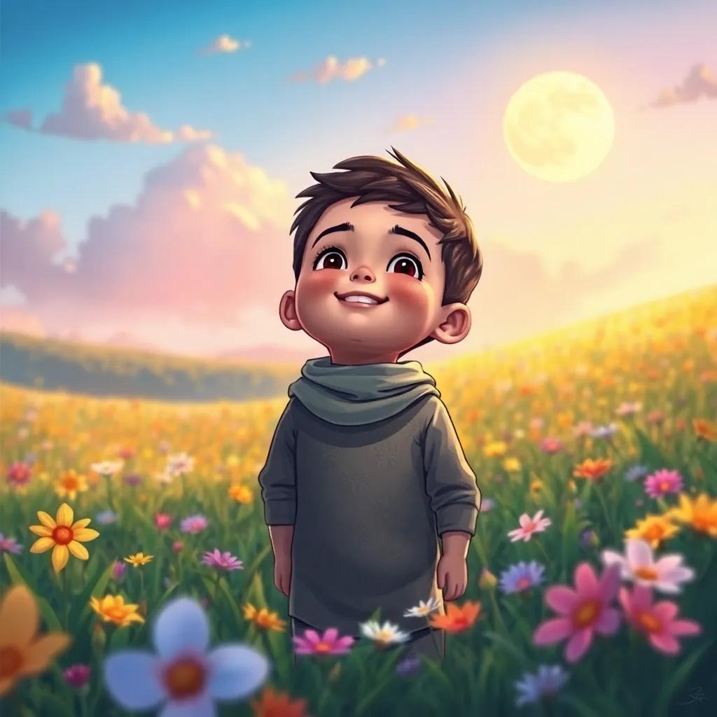A small boy named Qassem with a face like the moon and a bright smile, standing in a beautiful field with flowers, looking up at the sky, digital art, colorful, cheerful, uplifting atmosphere, high quality
