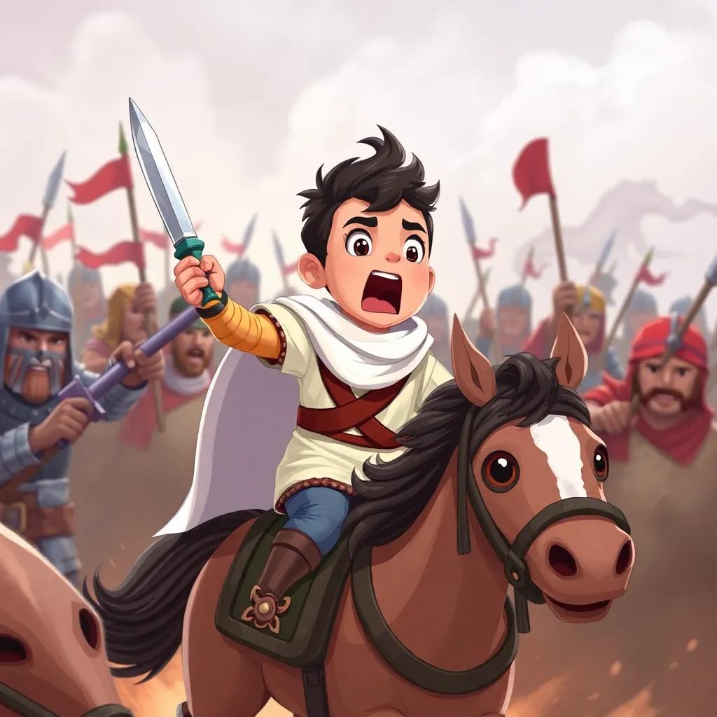 Qassem in battle, wearing a small sword and riding a little horse, surrounded by warriors, calling out loudly, with determination in his eyes, digital art, vivid colors, action-packed scene, high quality