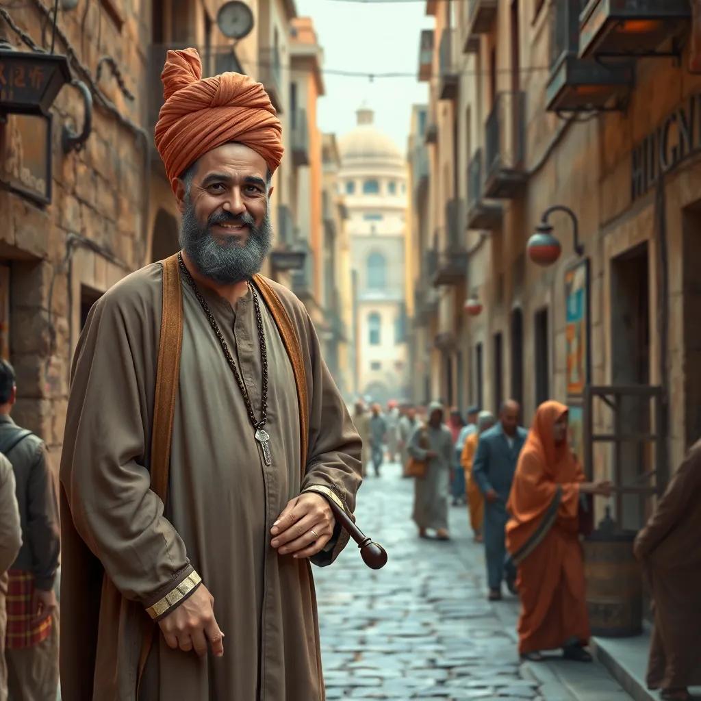 A bustling street in Baghdad during the Abbasid era, with narrow alleys and lively people, a wise judge named Juha standing tall, with a traditional robe and a turban, smiling at a corner, holding a gavel, digital art, vibrant colors, warm atmosphere, high quality