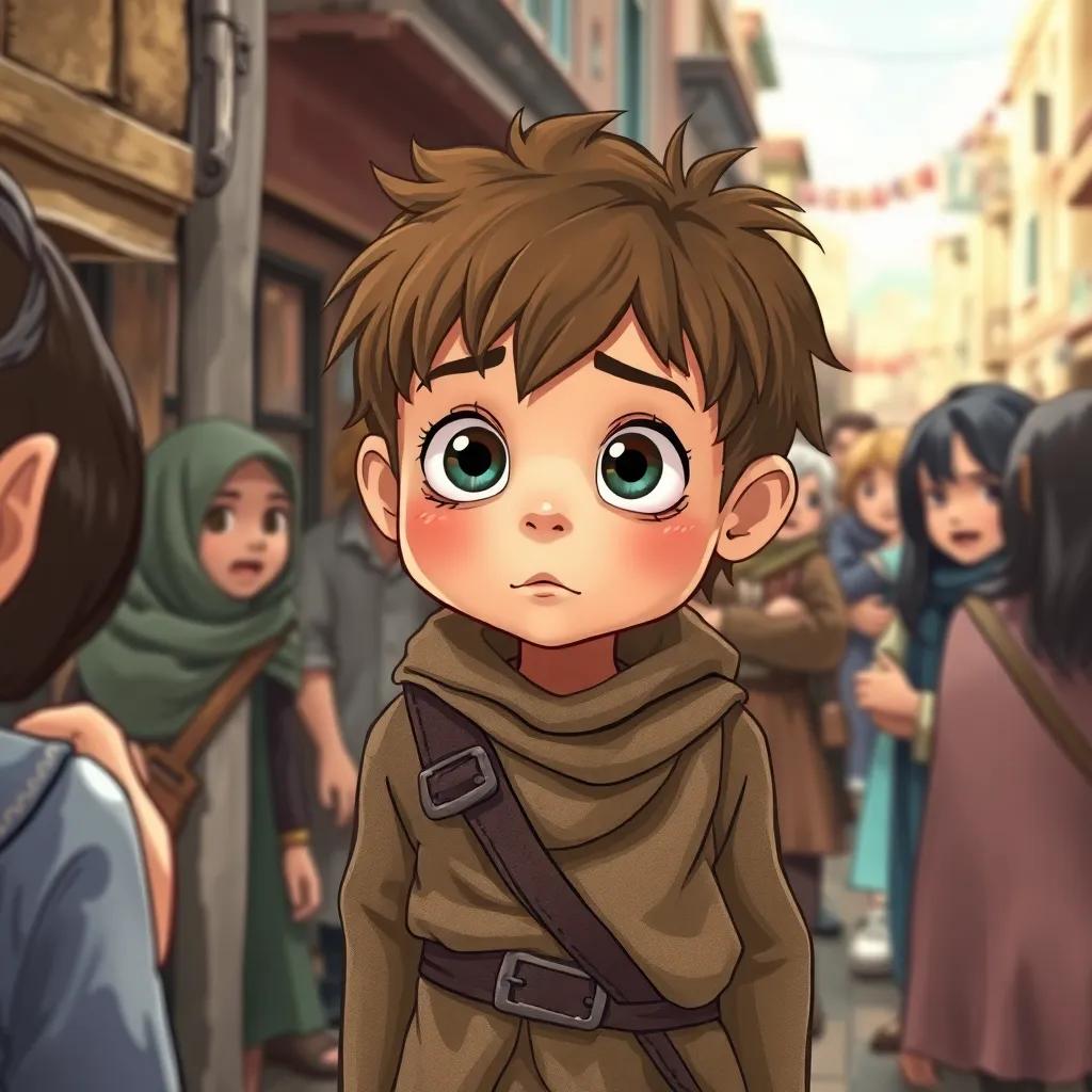 A young innocent thief with big eyes, frightened in the corner of the bustling street, wearing tattered clothes and looking hopeful, surrounded by curious townsfolk gathered to listen, detailed illustration, engaging scene, child-friendly, high quality