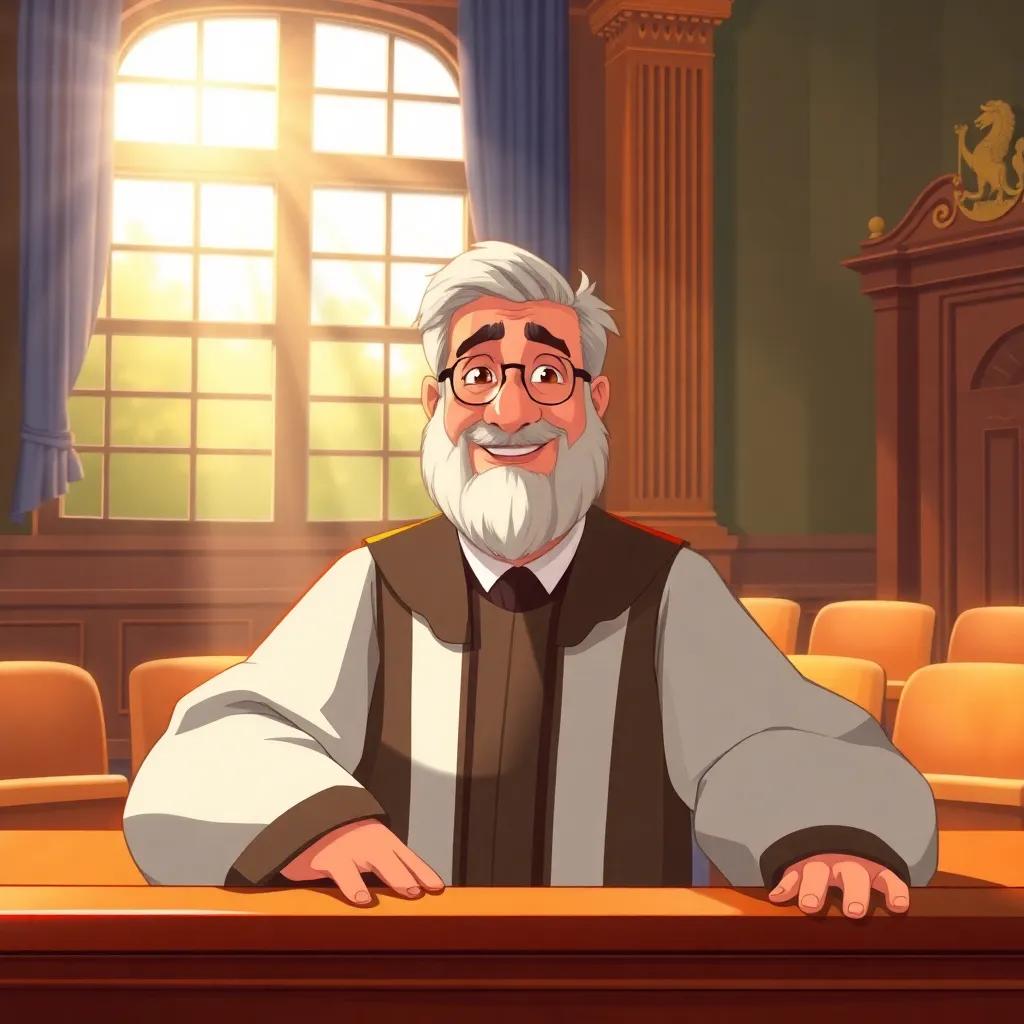 A scene in a courtroom with Judge Juha sitting on his bench, wearing traditional judge's robes, looking kind and wise, sunlight streaming in through the window, cheerful and inviting atmosphere, illustration, colorful, friendly