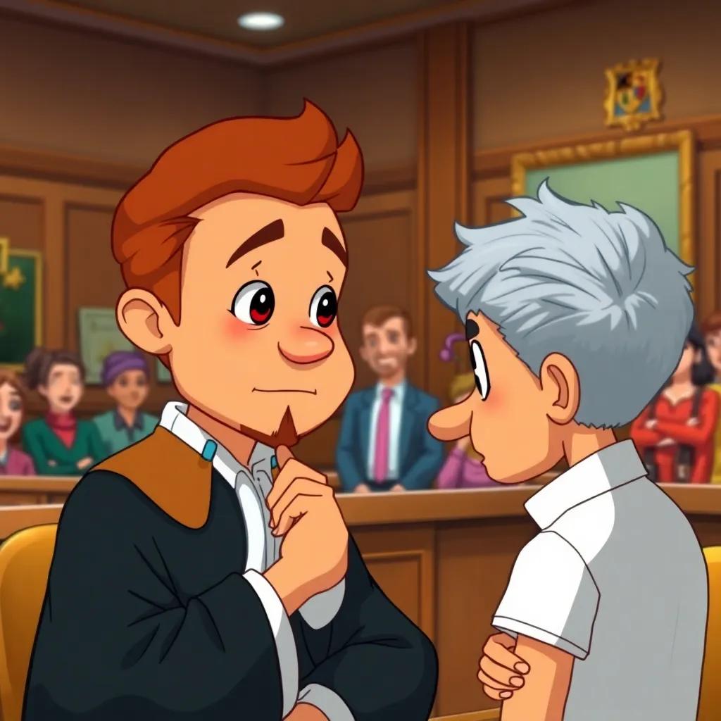 Judge Juha, with a thoughtful expression, listening to a concerned man in a courtroom, with other people in the background, bright colors, engaging atmosphere, illustration, children's book style