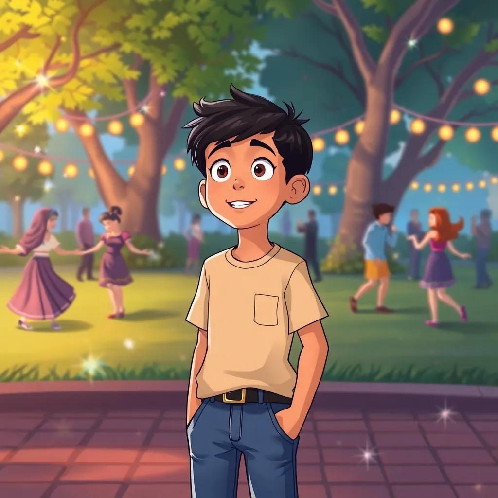 Nader, a young Arabic boy with short black hair, wearing a simple t-shirt and jeans, watching dancers in a park with a surprised look, magical sparkles around, cheerful illustration, vibrant colors, lively atmosphere, high quality