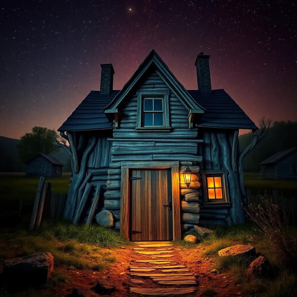 A spooky old house in a remote village, with a heavy wooden door leading to a dark basement, stars twinkling in the night sky, digital art, vibrant colors, mysterious atmosphere, high quality