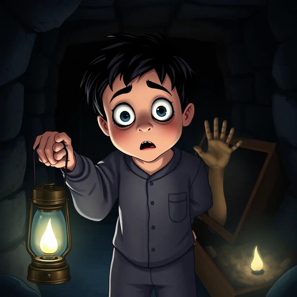 A frightened boy, Sami, with dark hair, wearing pajamas, holding an old lantern, staring wide-eyed at a shadowy hand emerging from an open chest in a dark basement, illustration, eerie lighting, captivating