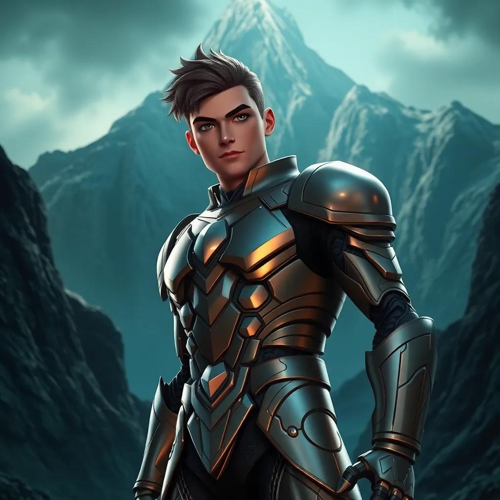 A brave male character, Bart Kani, wearing a shiny iron suit, standing boldly at the base of a daunting mountain, intense expression, digital art, dramatic lighting, dark and foreboding colors, heroic perspective, fantasy, high quality