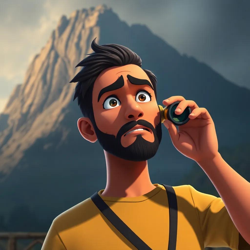 A determined male character, Suleiman, looking through binoculars from a distance, against the backdrop of the looming mountain, worried expression, digital art, bright colors, contrasting the dark atmosphere, storytelling view, adventure, high quality