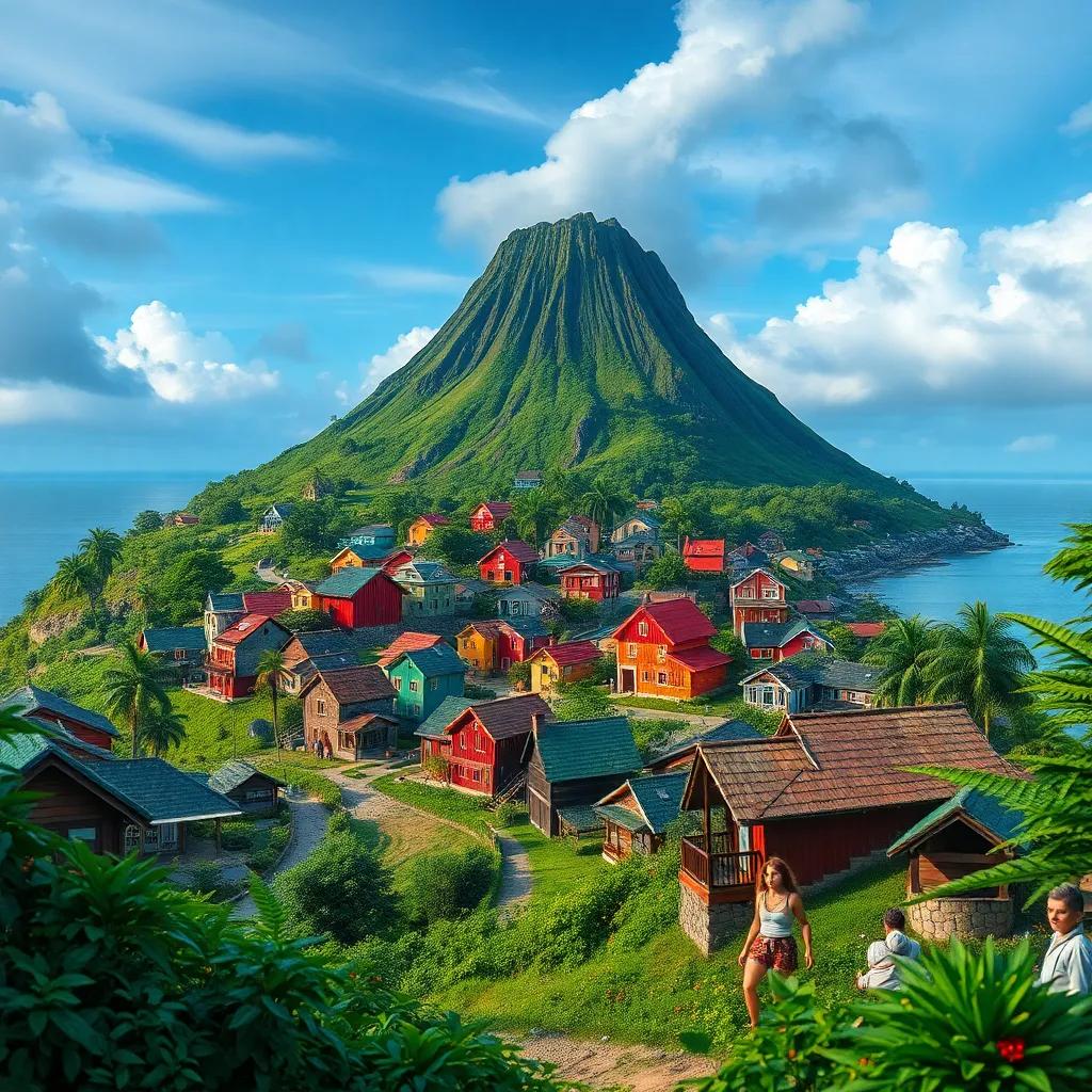 A small village surrounded by a volcanic island, colorful houses, lush greenery, and astonished villagers looking worried, digital art, vibrant colors, lively atmosphere, perspective view, high quality