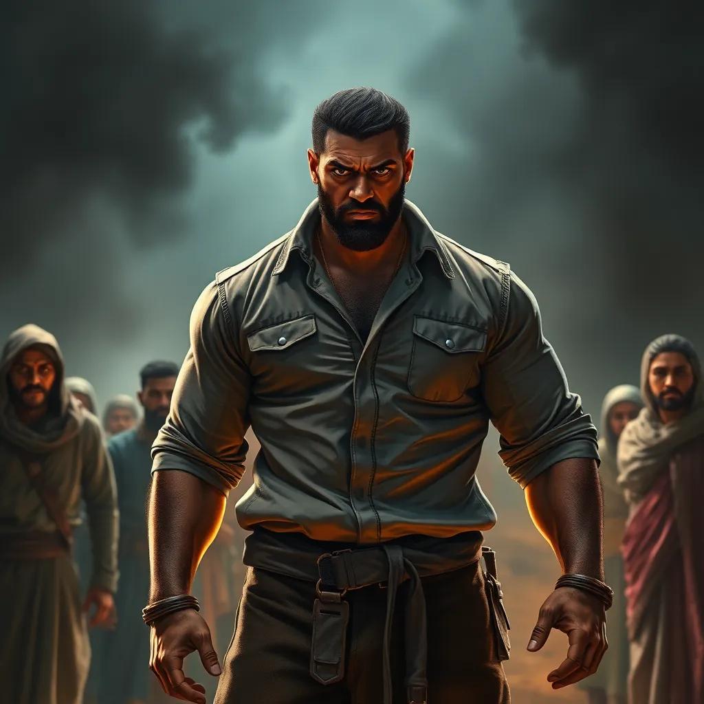 A strong man named Zaid, with an intimidating expression and muscular build, standing in front of frightened villagers, wearing a rugged shirt and trousers, dark brown skin, dramatic lighting, tense atmosphere, aggressive stance, detailed illustration