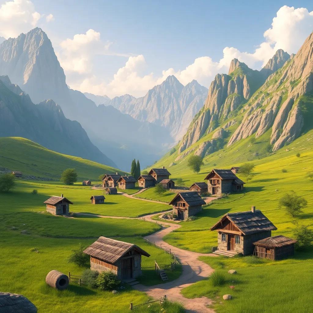 A small village between mountains, peaceful life with simple mud houses and green fields, digital art, bright colors, serene atmosphere, high quality
