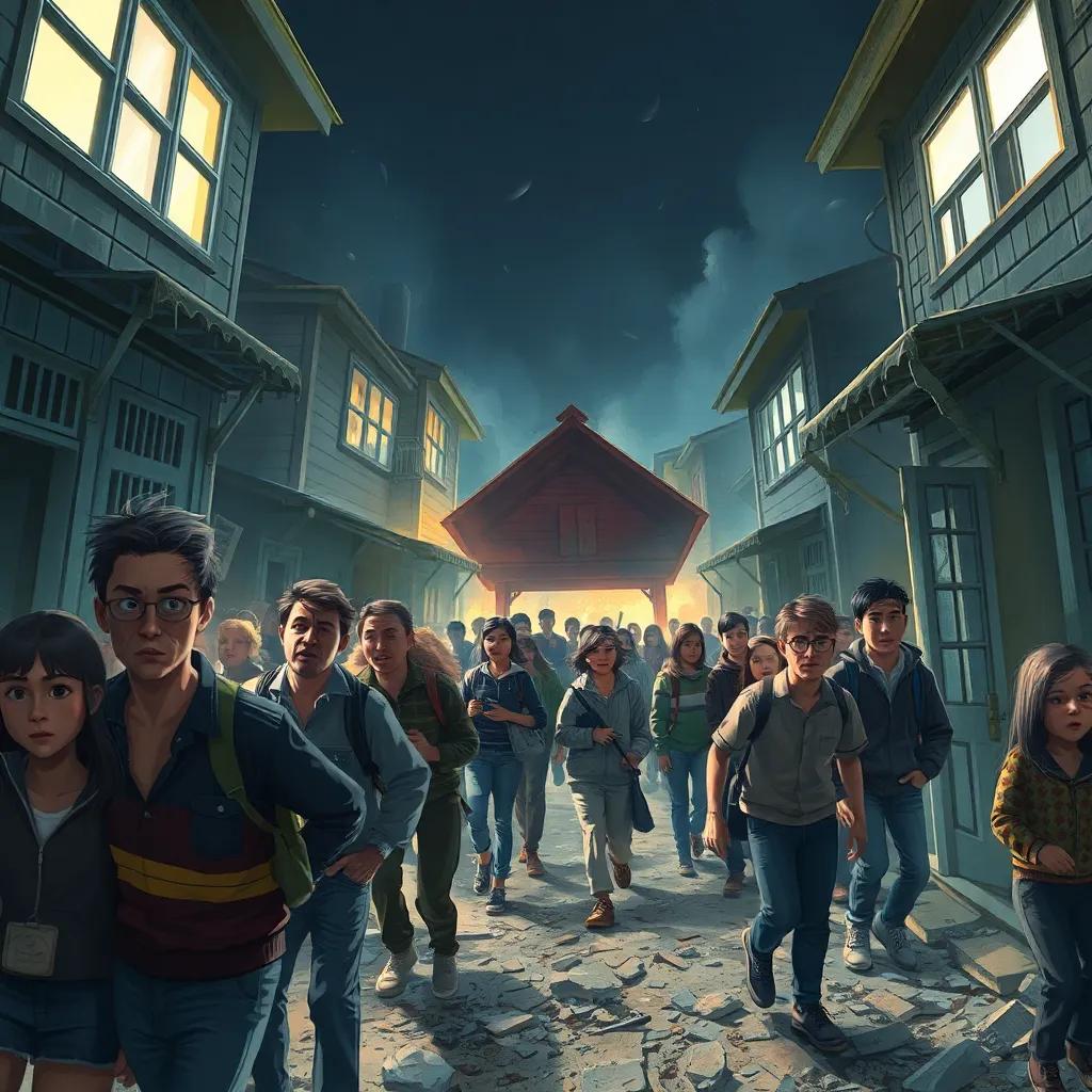 People panicking leaving their homes as the ground shakes, a worried look on their faces, digital painting, dramatic lighting, chaos and movement, high detail