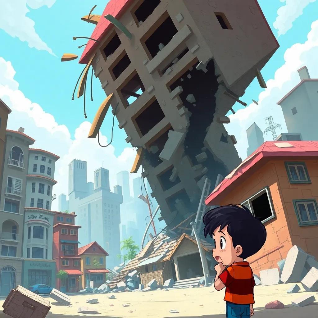 Buildings swaying and collapsing, a boy crying in front of his destroyed home, digital illustration, emotional, bright colors contrasting with damage, high quality