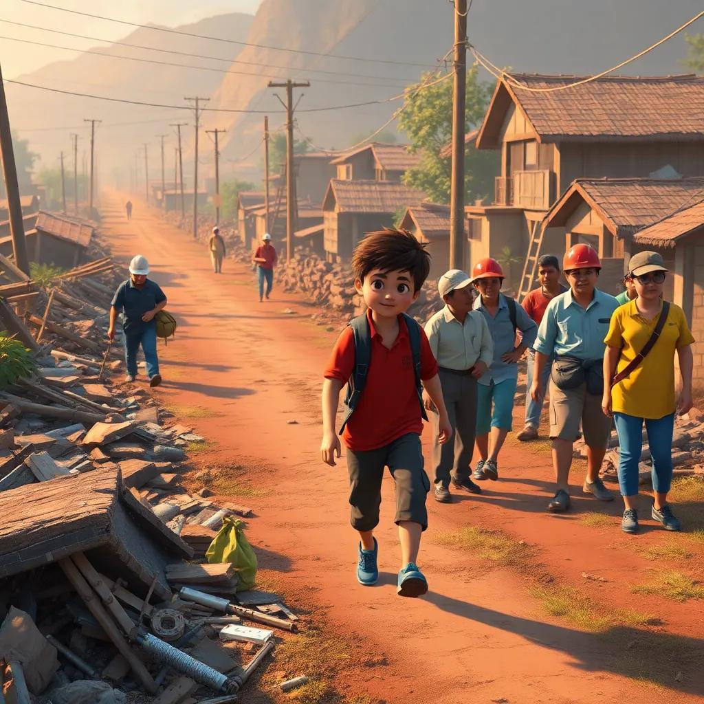 Roads damaged and people repairing them together, a young man leading the effort, community spirit, digital artwork, warm colors, hopeful atmosphere, high detail