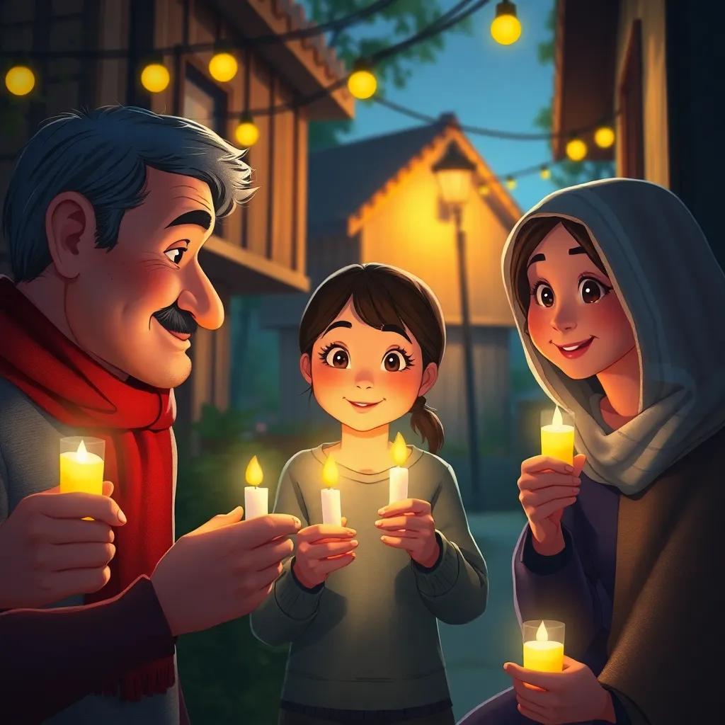Power outage in the village, a girl lighting candles with neighbors, soft candle light illuminating their faces, digital painting, warm and inviting, high quality