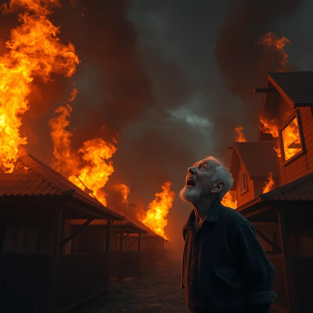 Fires burning in houses, an elderly man shouting for help, smoky atmosphere, digital art, intense scene, elevated perspective, high detail