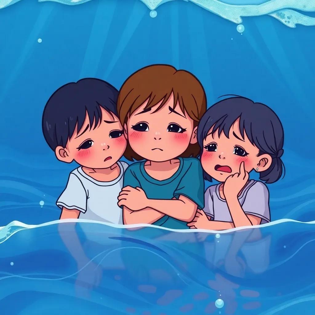 Rising sea levels causing panic, children crying while girls comfort them, digital illustration, emotional, blue colors, hopeful spirit, high quality