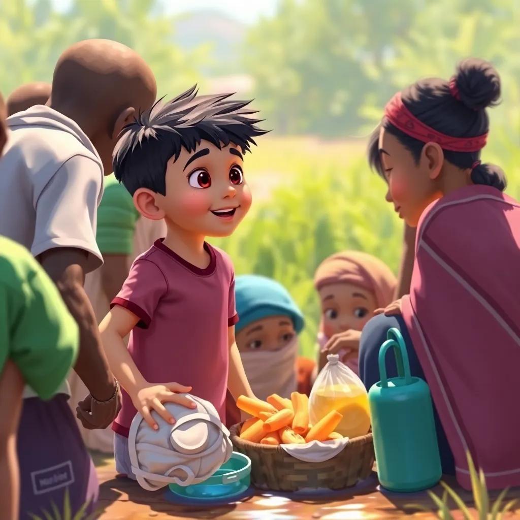 People working together to gather food and water, a young boy encouraging others, community effort, digital painting, bright colors, uplifting feeling, high quality