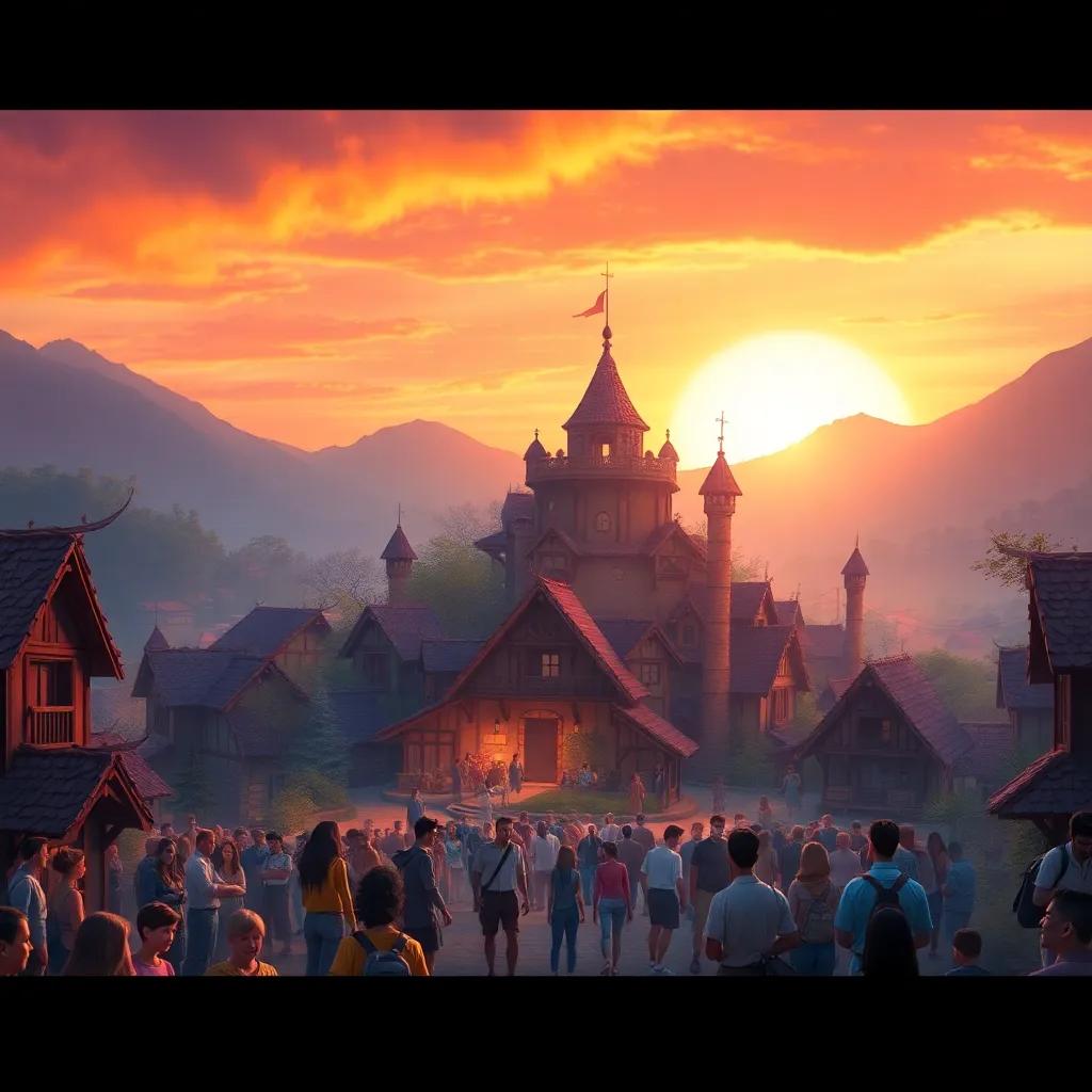 The village becoming a symbol of strength and cooperation, people united, a vibrant sunset in the background, digital art, magical atmosphere, high quality