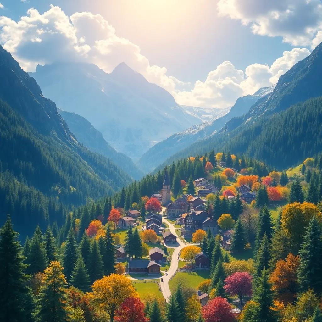 A beautiful village surrounded by mountains and forests, vibrant colors, sunny atmosphere, peaceful and inviting scenery, digital art, warm light, happy and joyful mood