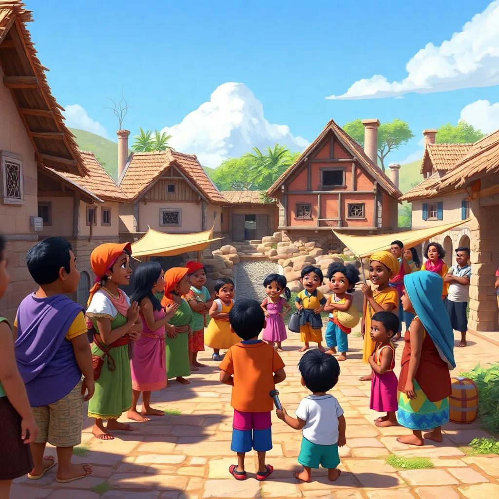 The villagers gathered in the main square, discussing what to do about the damaged dam, lively expressions, children playing nearby, bright colors, community spirit