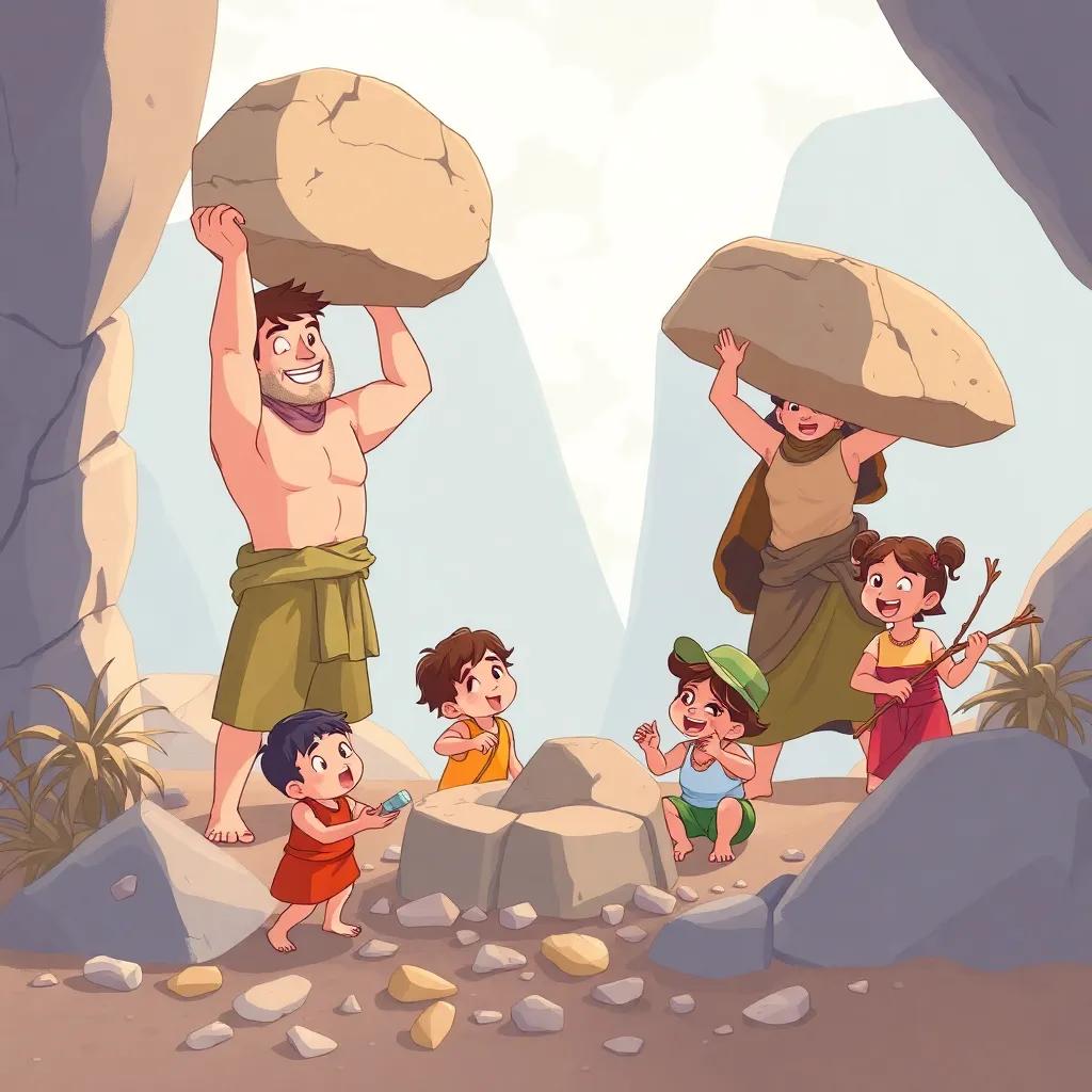 Men lifting large stones with determination, women bringing clay and water, children gathering small stones and twigs, everyone working together joyfully, illustration with bright and cheerful colors