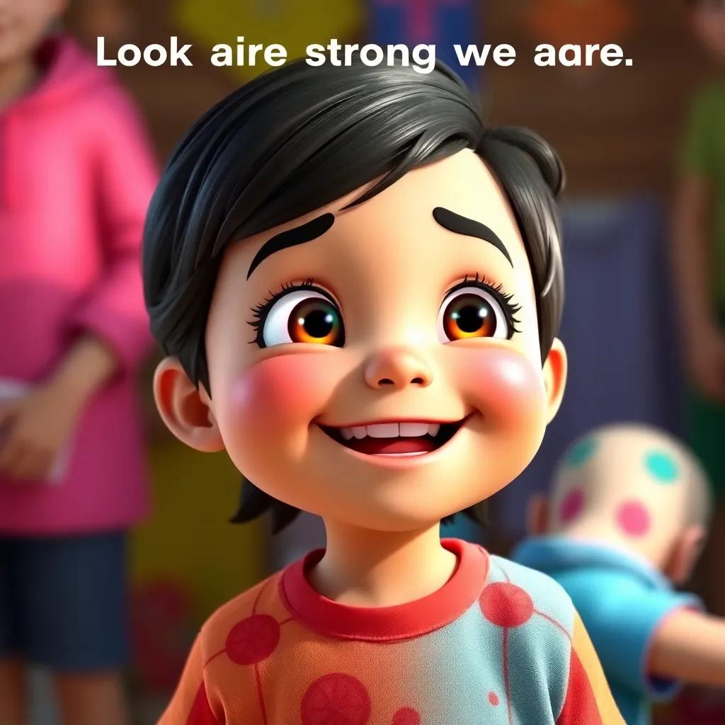 A little girl smiling brightly, saying: 'Look how strong we are together!', showing community efforts, animated style, colorful surroundings, a sense of excitement