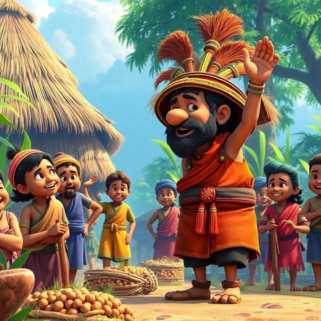 The village chief encouraging the villagers, everyone motivated and working hard, dynamic scene, showing unity and cooperation, bright and vibrant image