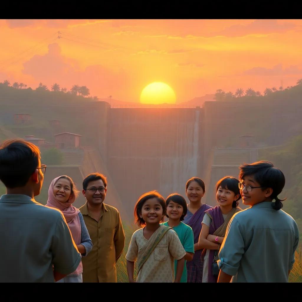 The dam being restored at sunset, villagers admiring their hard work, joyful faces reflecting pride, soft and warm light, cheerful atmosphere
