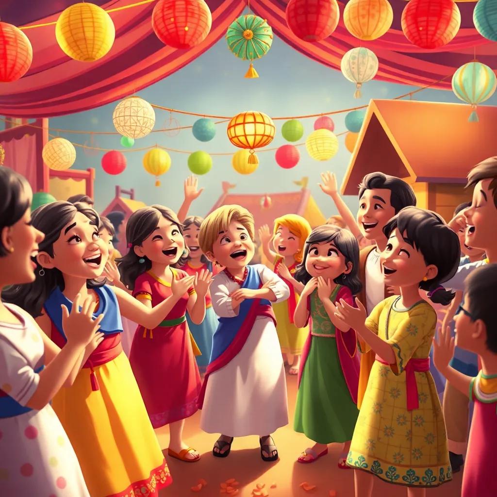A celebration scene with the villagers dancing and singing, colorful decorations, children laughing, a sense of happiness and achievement, festive style