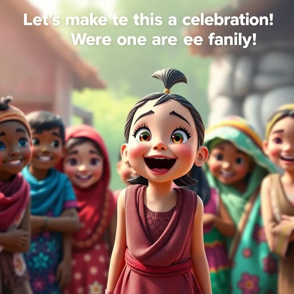 An excited little girl saying: 'Let's make this a celebration! We're one family!', group of villagers smiling, colorful and joyful, vibrant colors