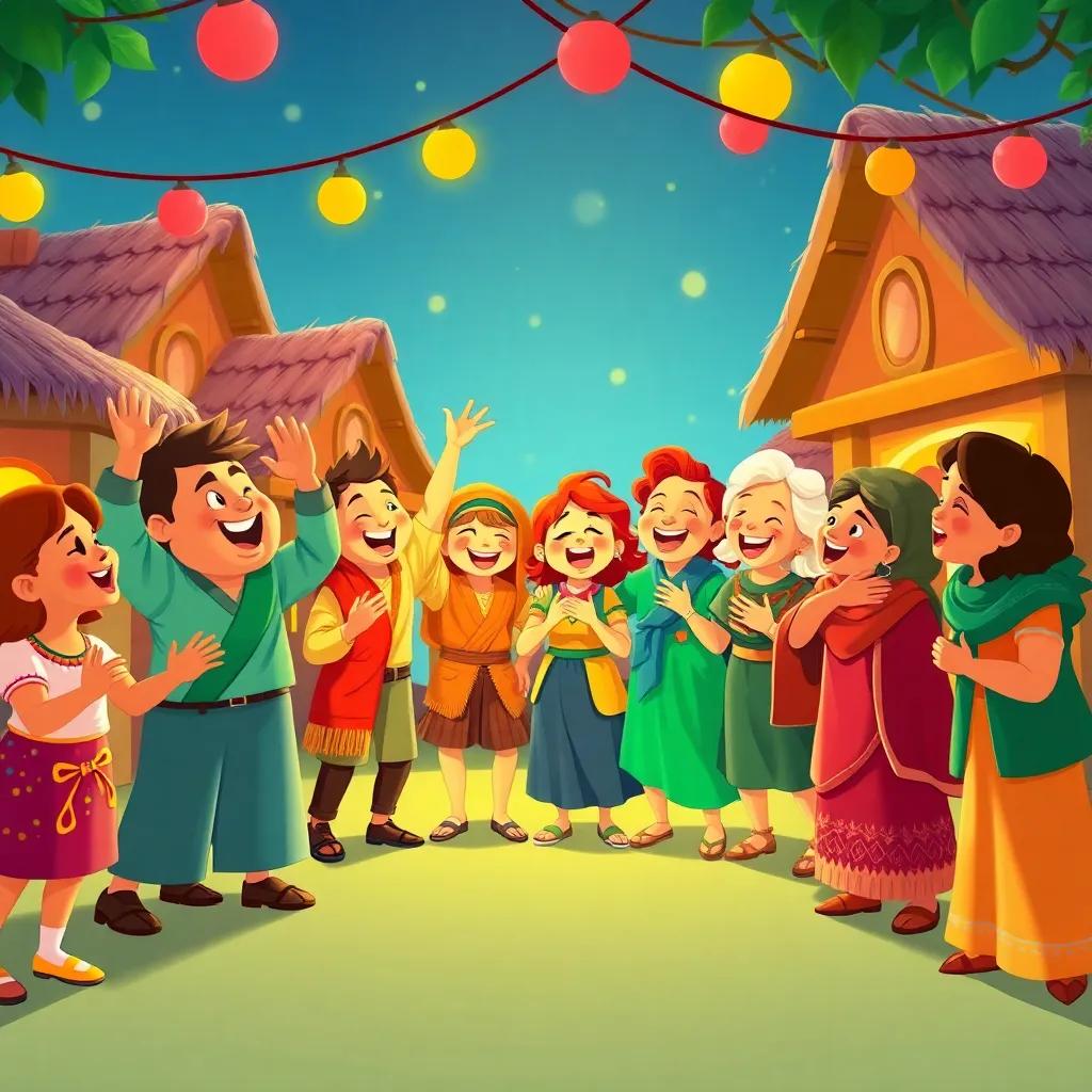 Villagers celebrating their success, singing and dancing together, bringing warmth and joy, bright colors, happy faces, festive and lively, high quality