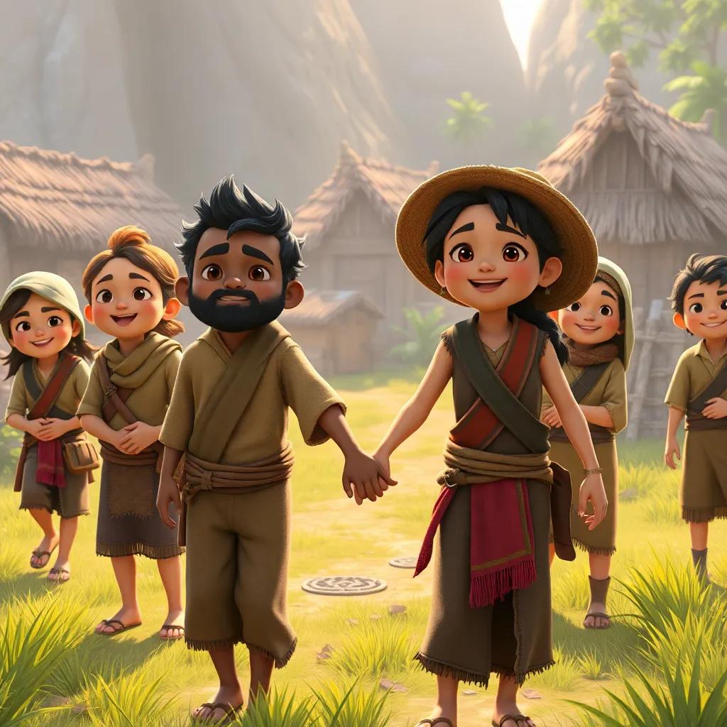 The villagers working hand in hand to protect their village, inspired expressions on their faces, timeless spirit of cooperation, detailed art, community joy