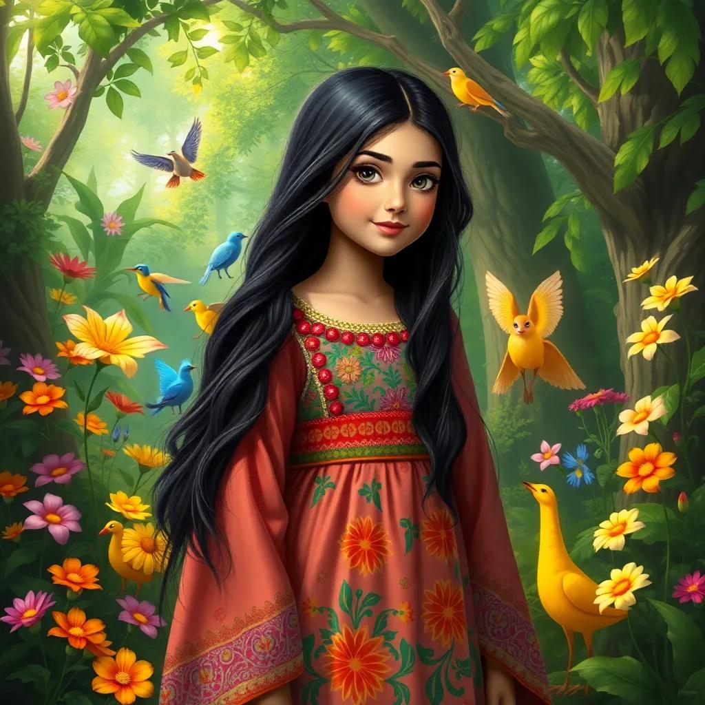 A young Arab girl, Khadija, with long black hair, wearing a colorful dress, standing in a lush green forest, surrounded by vibrant flowers and cheerful animals, digital art, bright colors, magical atmosphere, high quality