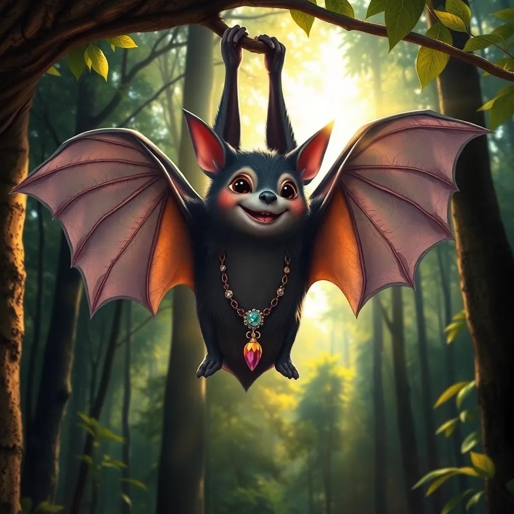 A friendly bat named Khalil with shiny wings and a beautiful necklace, hanging upside down in the forest, smiling at Khadija and Leila, beautiful sunlight filtering through the trees, warm colors, inviting scene, high quality