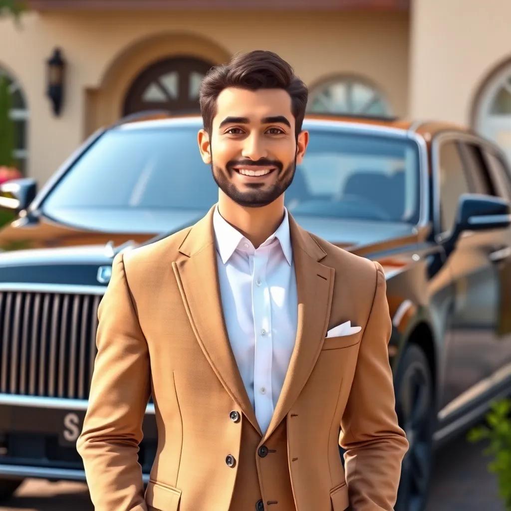 A wealthy man named Samer, with short brown hair and a nice suit, standing confidently in front of a lavish car outside Leila's house, smiling and looking charming, vibrant colors, bright light, high quality