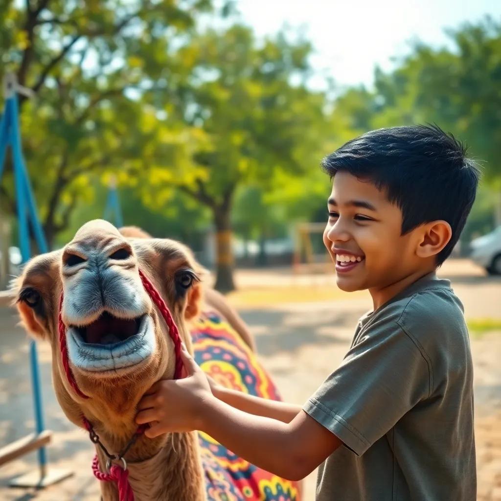A young Arab boy, Ali, with short black hair, laughing while playing with a colorful camel in a park filled with swings and trees, joyful expressions, bright and sunny, dynamic moment, high quality