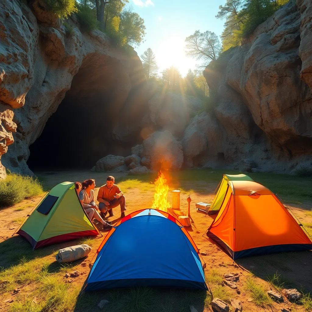 In a bright sunny day, seven friends setting up a campsite near an old cave, cheerful atmosphere, colorful tents and a fire, digital art, vivid colors, inviting warmth, high quality