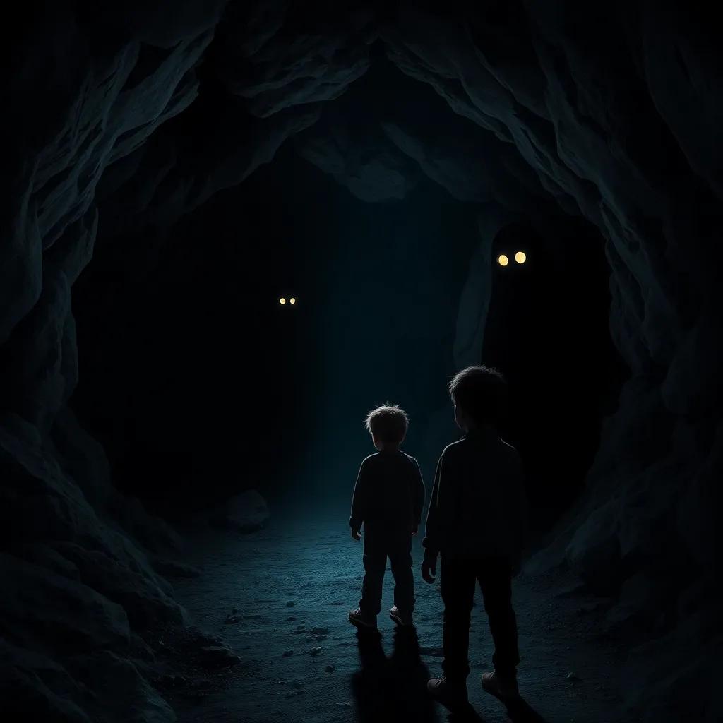 On a dark chilly night, shadows loom near an eerie cave, with one frightened boy looking back at strange shadowy figures with glowing eyes, scary atmosphere, chilling, dark tones, eerie lighting, high quality